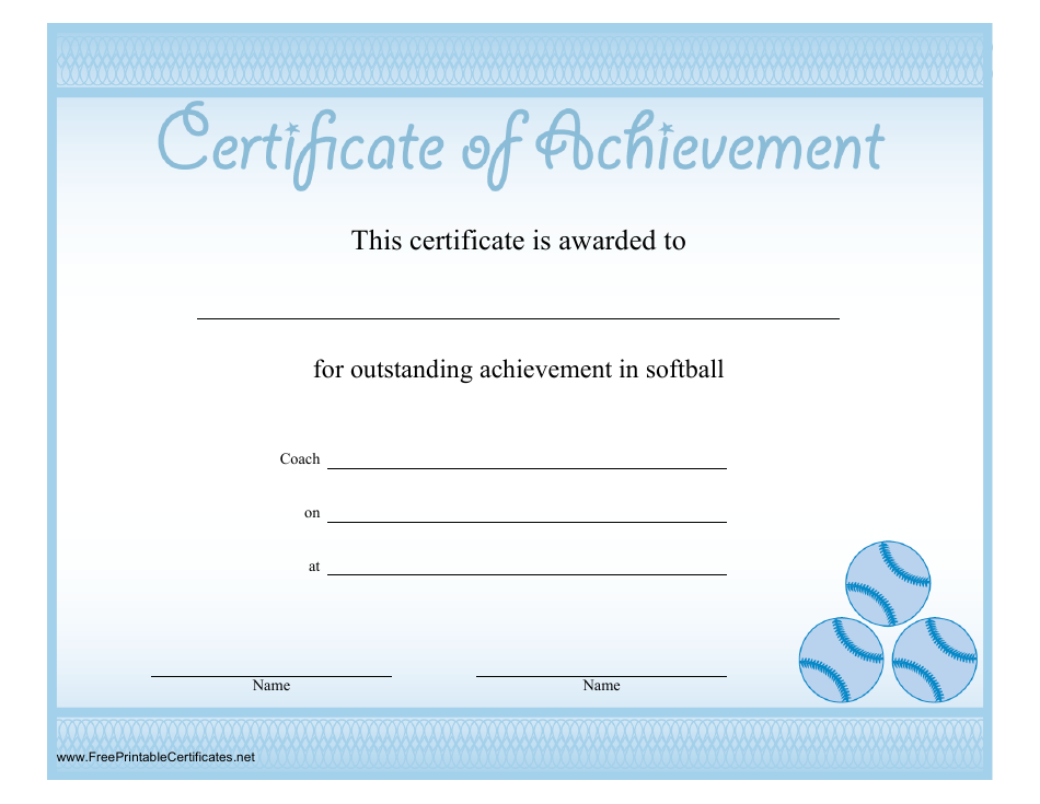 Blue Softball Certificate of Achievement Template, Page 1