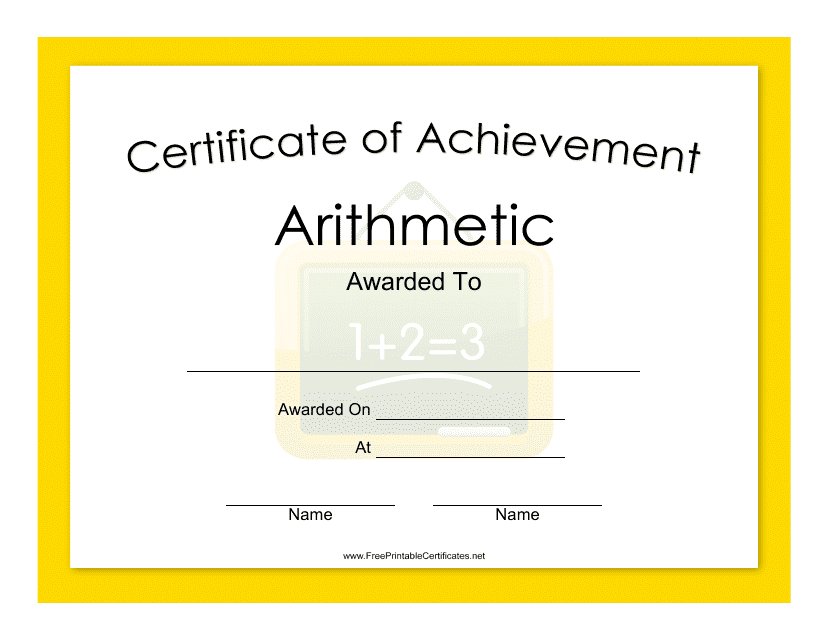 &quot;Arithmetic Achievement Certificate Template&quot; Download Pdf