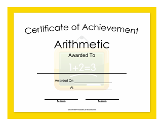 &quot;Arithmetic Achievement Certificate Template&quot;