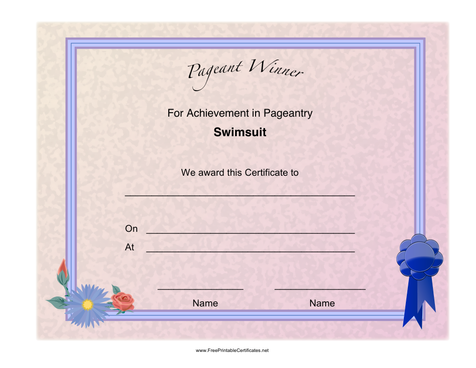 Pageant Swimsuit Achievement Certificate Template, Page 1