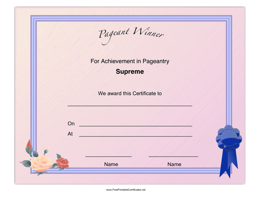 Pageant Supreme Achievement Certificate Template - Customizable Design