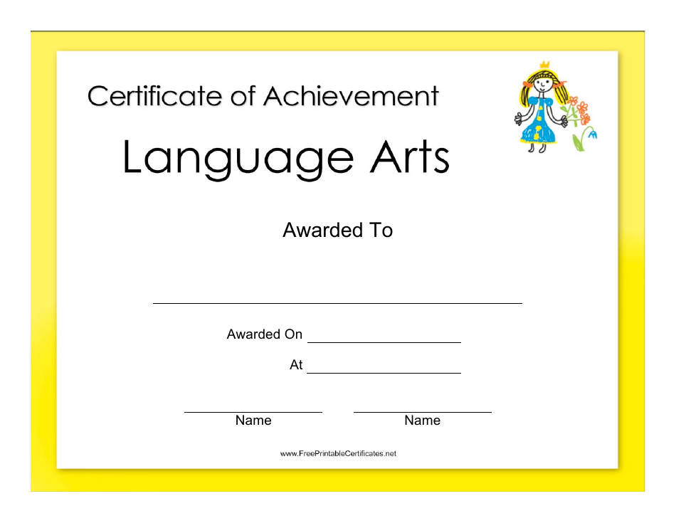 Language Arts Achievement Certificate Template - Preview Image