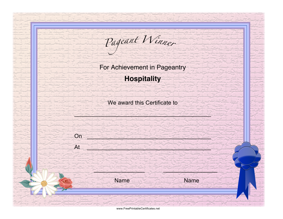 Pageant Hospitality Achievement Certificate Template, Page 1