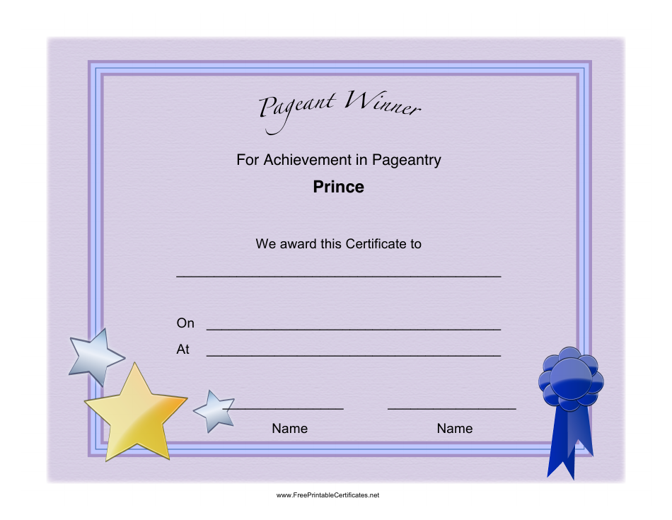 Pageant Prince Achievement Certificate Template - Preview