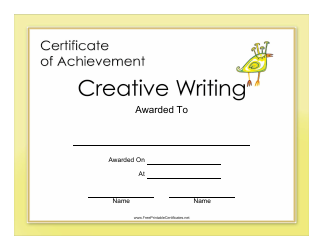 Document preview: Creative Writing Achievement Certificate Template - Yellow Frame