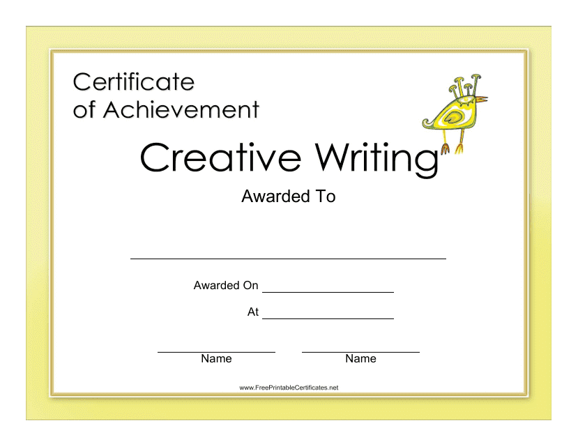 Creative Writing Achievement Certificate Template with Yellow Frame