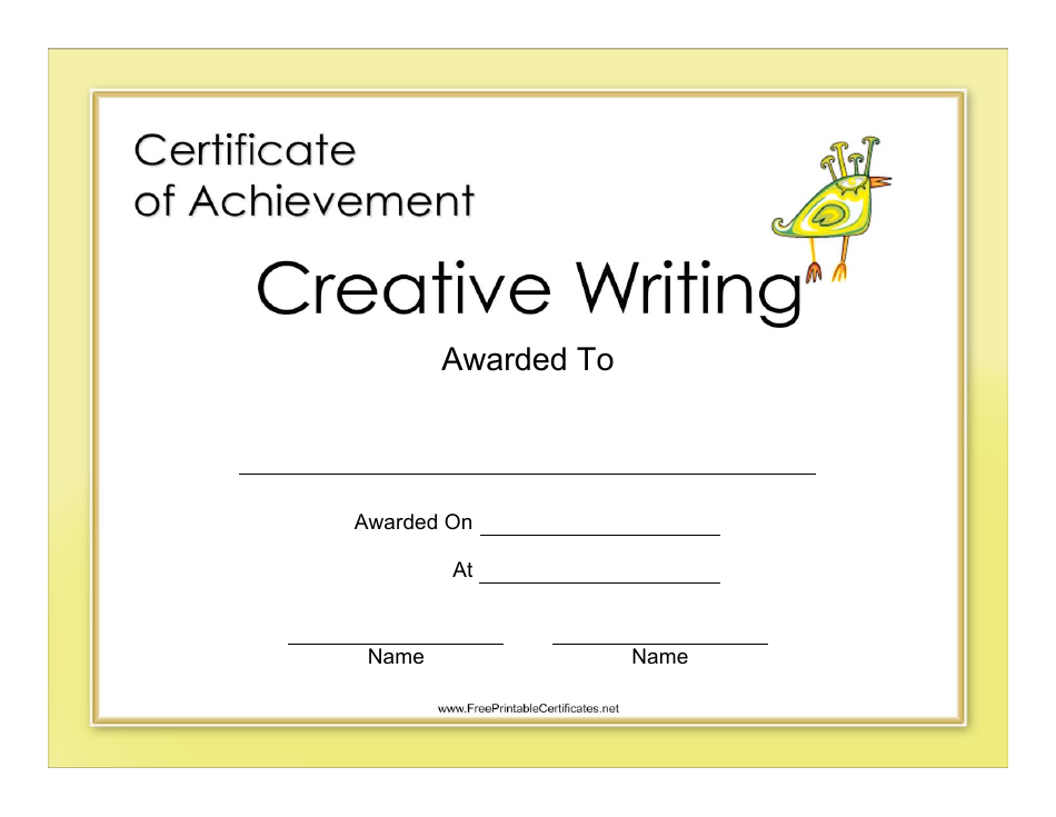 Creative Writing Achievement Certificate Template with Yellow Frame