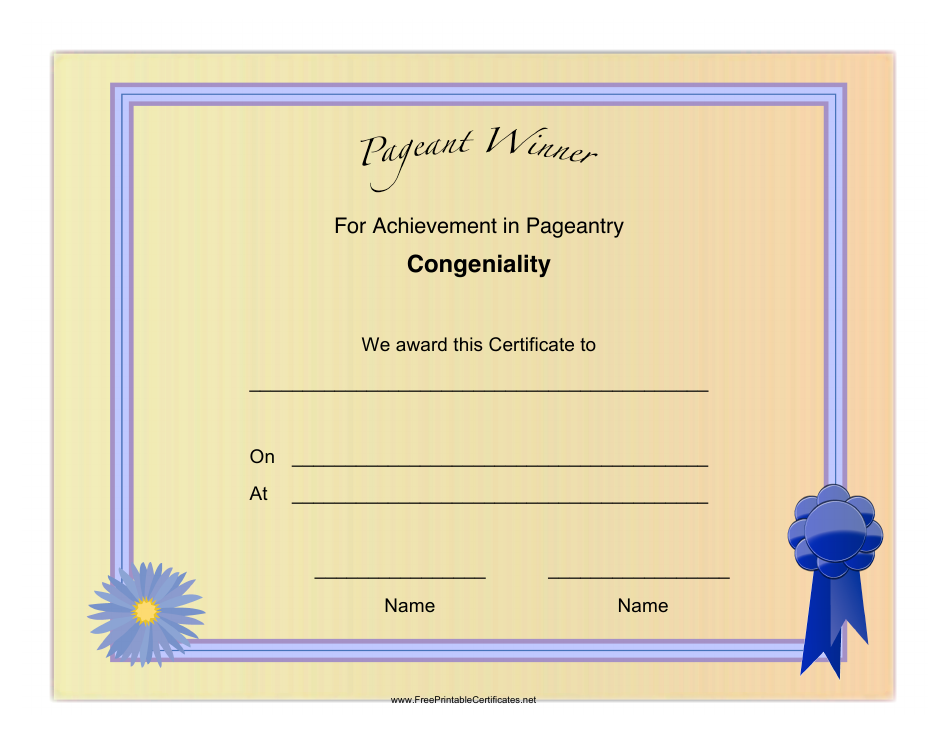 Pageant Congeniality Achievement Certificate Template Preview