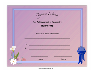 Document preview: Pageant Runner up Achievement Certificate Template
