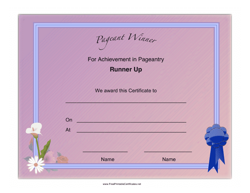 Pageant Runner up Achievement Certificate Template