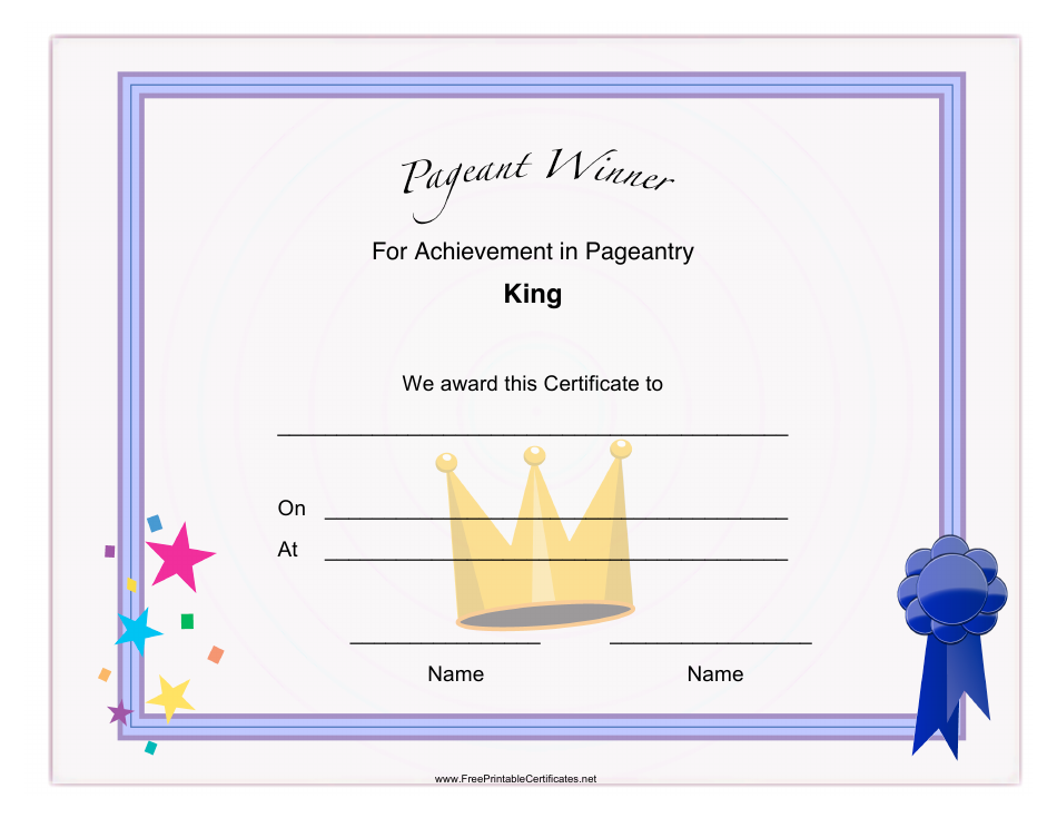 Pageant King Achievement Certificate Template - Customizable design for your success in pageantry.