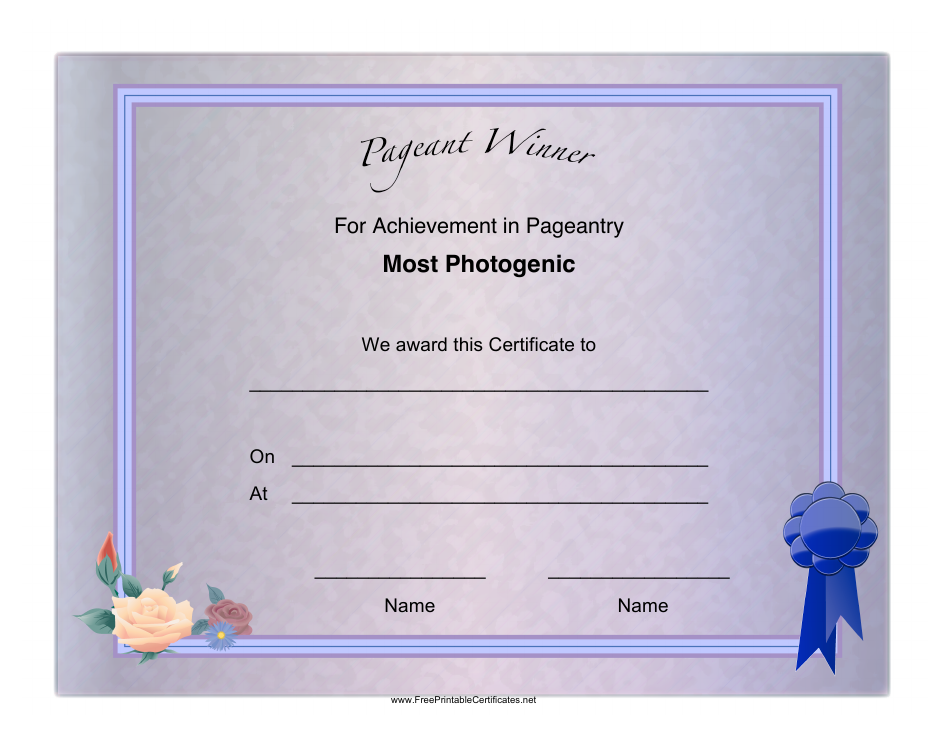 Pageant Most Photogenic Achievement Certificate Template - Beautifully Designed and Customizable
