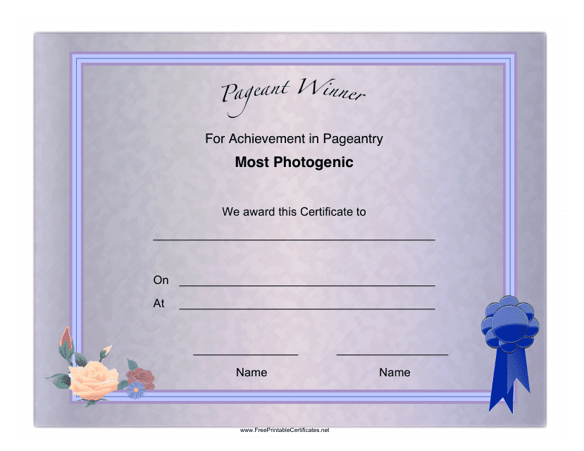 Pageant Most Photogenic Achievement Certificate Template