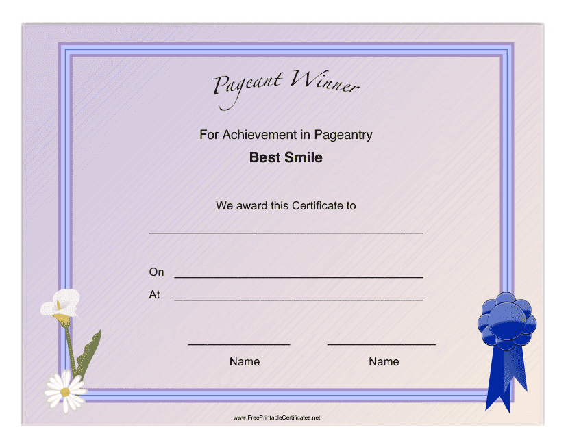 Pageant Best Smile Achievement Certificate Template