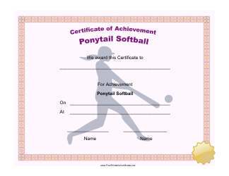 Document preview: Ponytail Softball Achievement Certificate Template