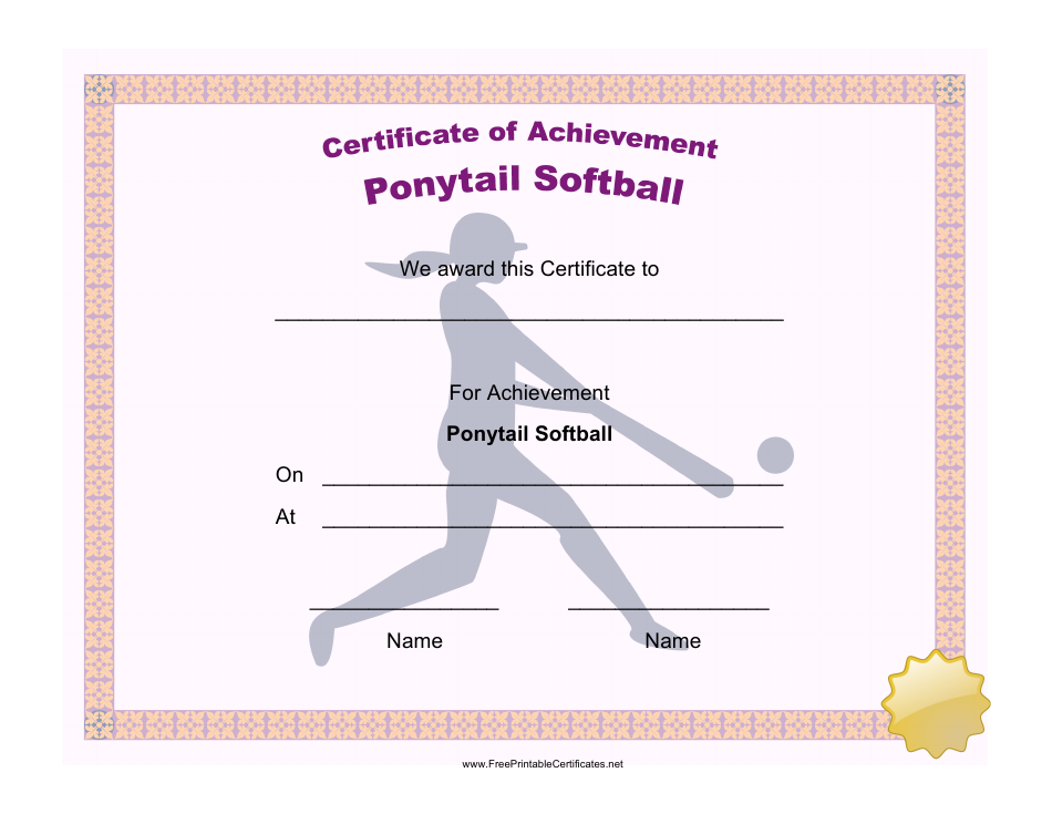 Ponytail Softball Achievement Certificate Template Download Printable