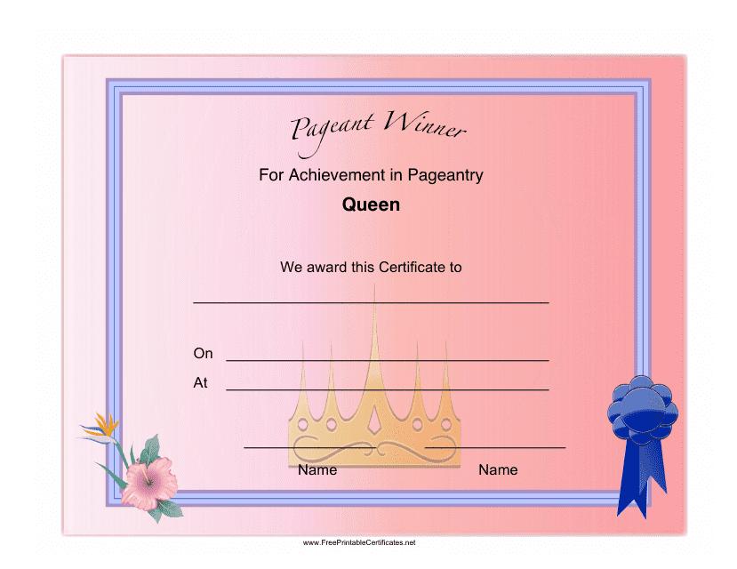 Pageant Queen Achievement Certificate Template - Elegant design for honoring outstanding beauty pageant winners.