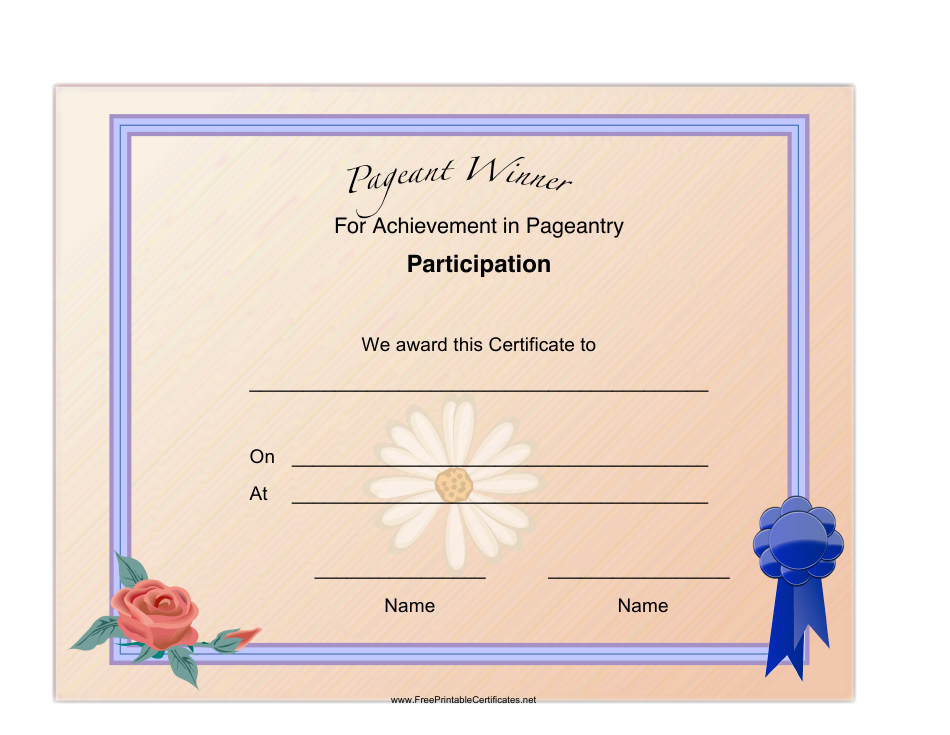 Pageant Participation Achievement Certificate Template – Blank Certificate Design with Elegant Border.