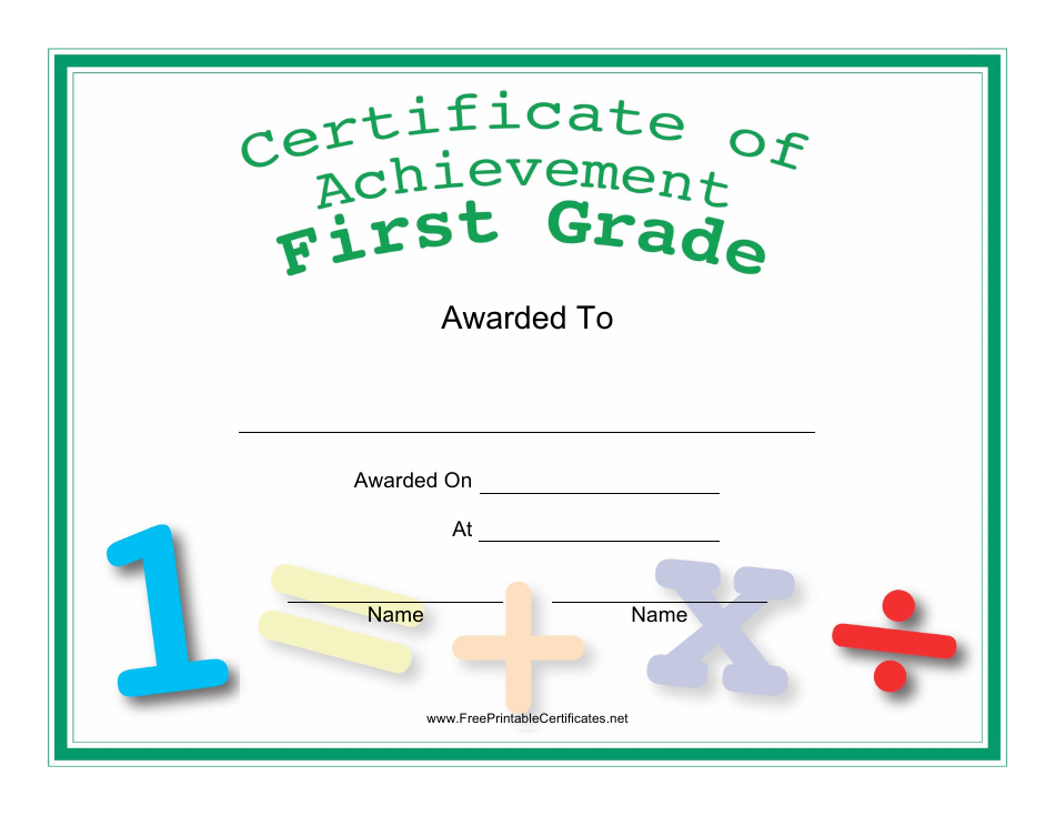 First Grade Achievement Certificate Template, Page 1