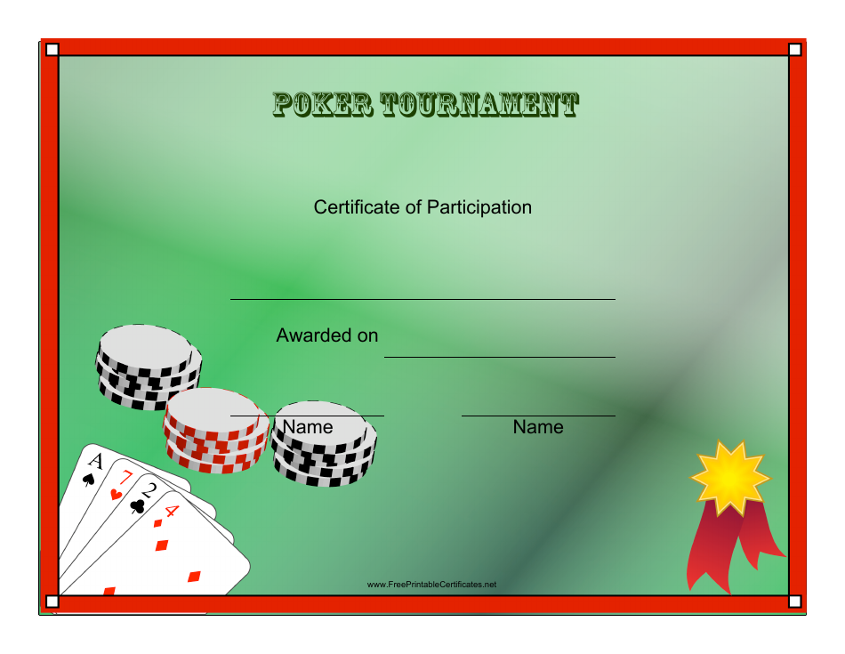Poker Tournament Participant Certificate Template - Preview