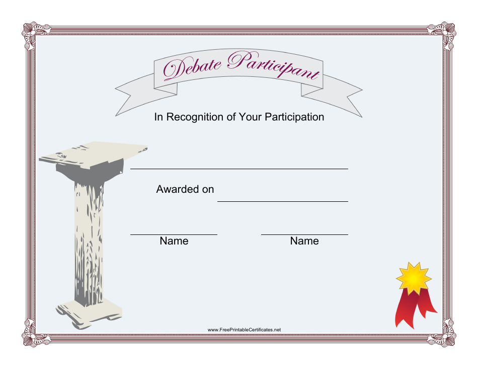 Debate Participant Certificate Template Download Printable PDF