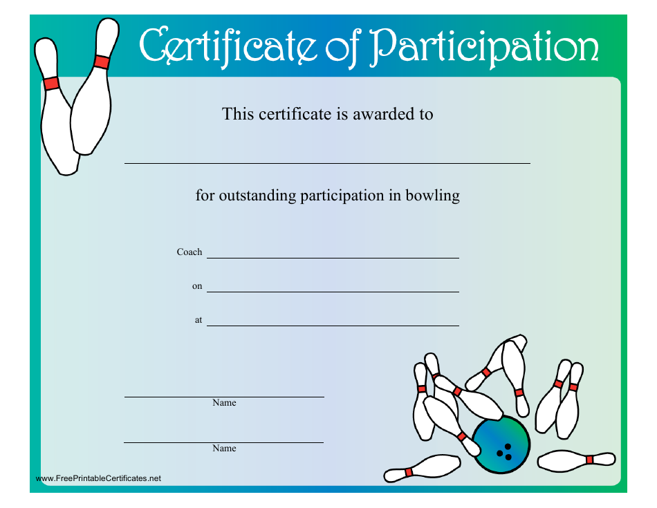 Bowling Certificate Of Participation Template Blue Download Printable