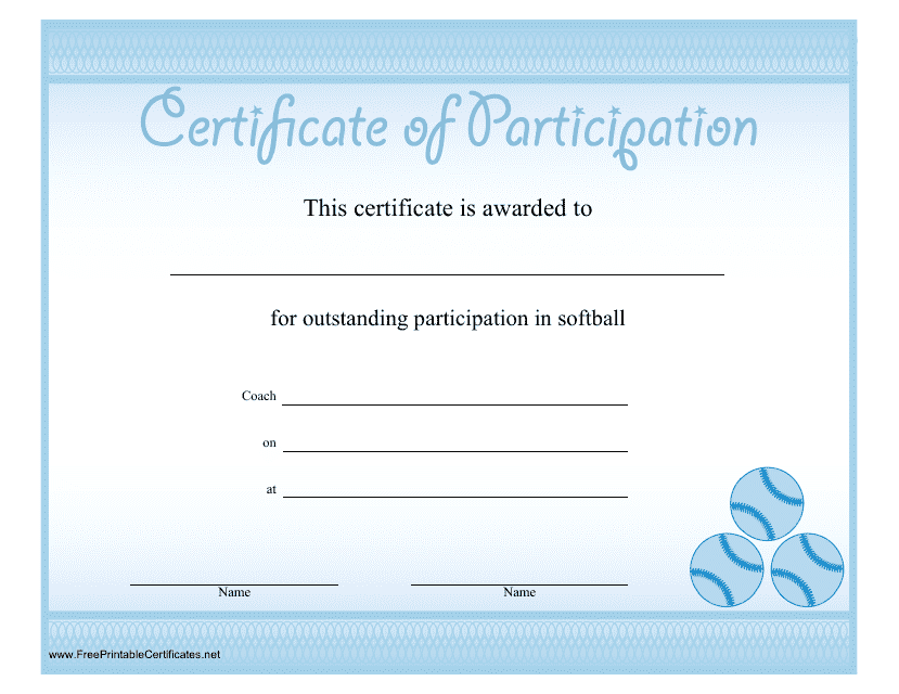 Softball Certificate of Participation Template - Blue