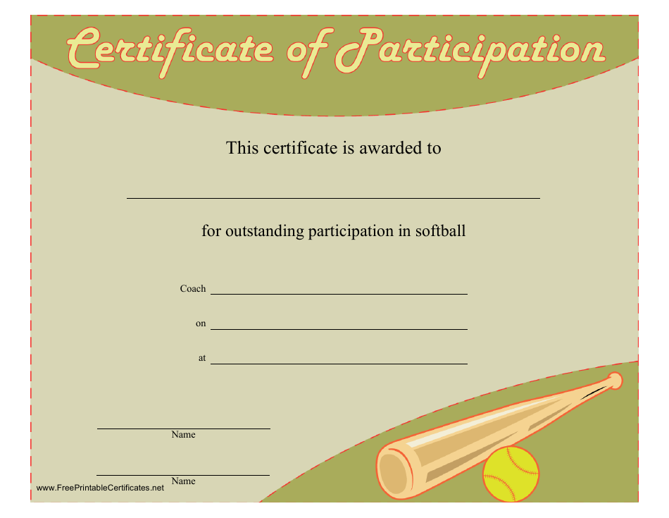 Softball Certificate of Participation Template - Green Image Preview