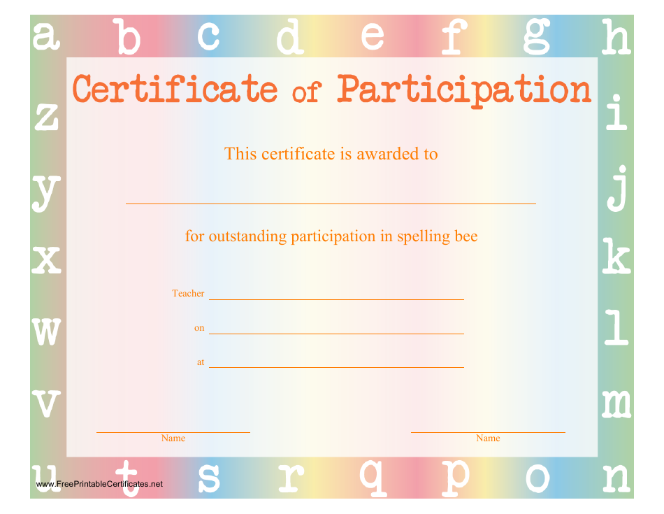 Spelling Bee Certificate of Participation Template