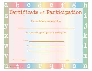 Document preview: Spelling Bee Certificate of Participation Template - Varicolored
