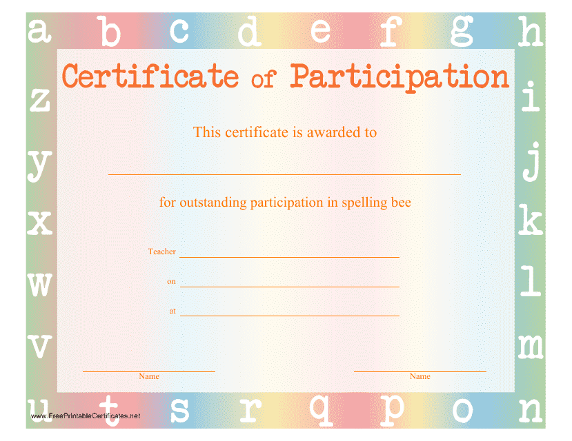 Spelling Bee Certificate of Participation Template - Varicolored