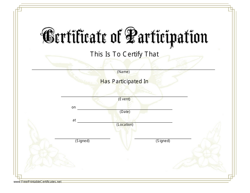 Certificate of Participation Template with Beautiful Flower Design