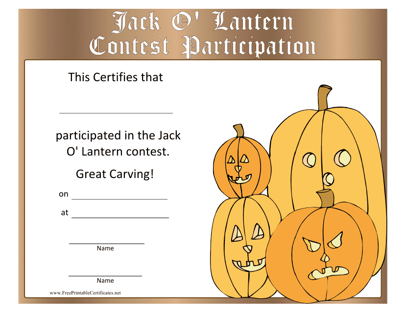 Jack-O-lantern Contest Participation Certificate Template