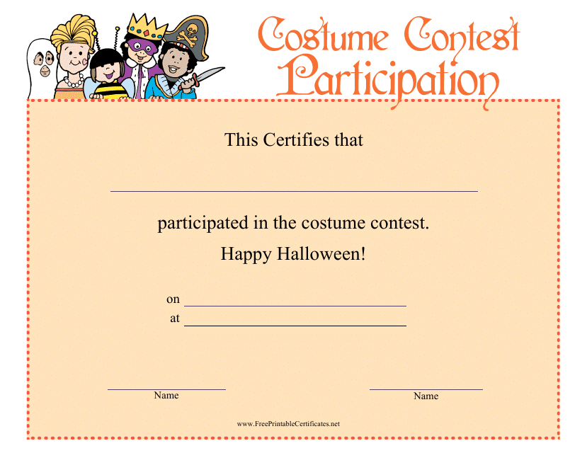 &quot;Halloween Costume Contest Participation Certificate Template&quot; Download Pdf
