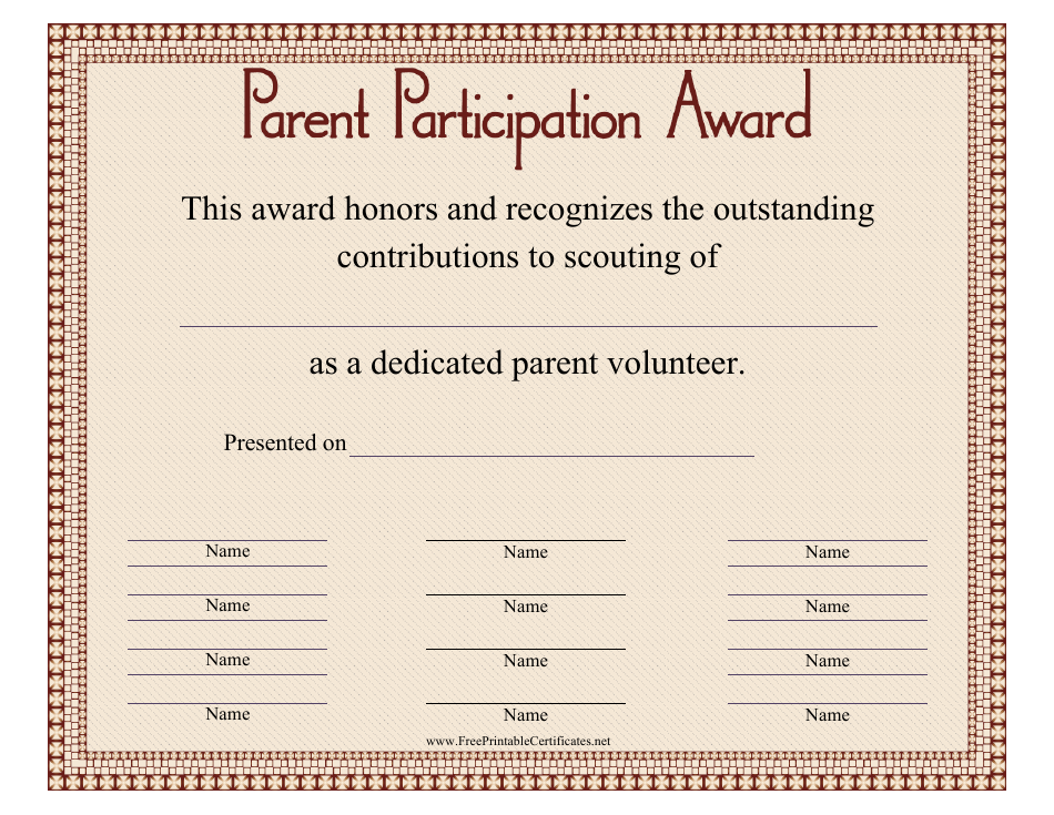 Parent Participation Certificate Template - Brown