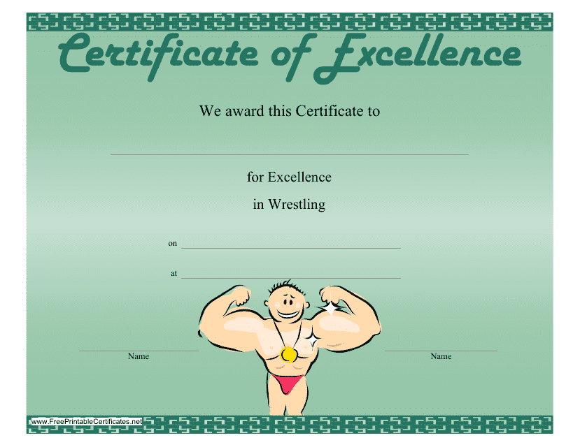 Green Wrestling Certificate of Excellence Template
