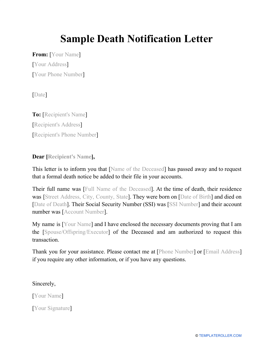 Sample Death Notification Letter Download Printable PDF Throughout Medical Death Note Template