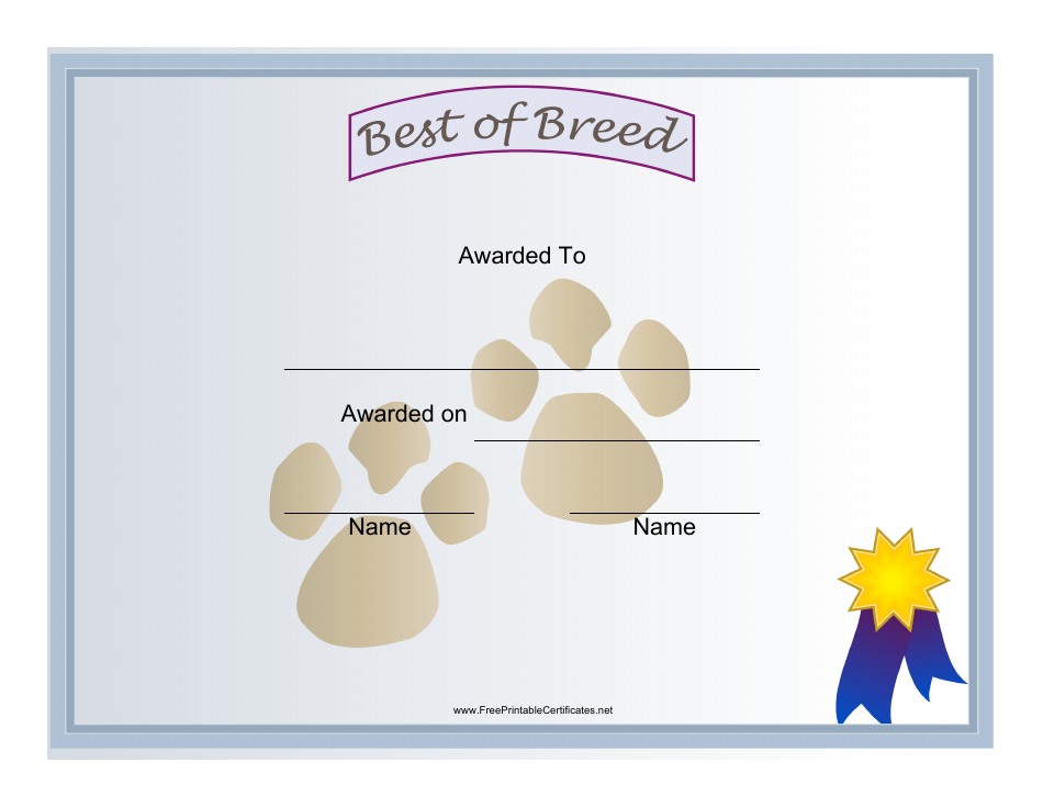 Best of Breed Award Certificate Template Dogs Download Printable PDF