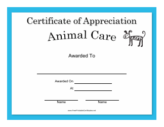 Document preview: Animal Care Appreciation Certificate Template