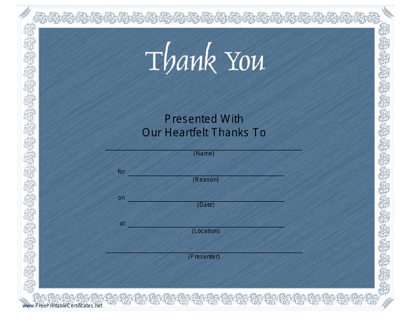 Blue Thank You Certificate Template - With Frame
