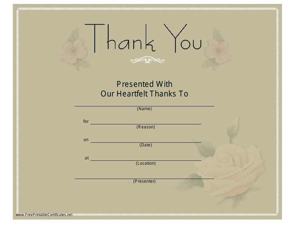 Thank You Certificate Template with Rose Design