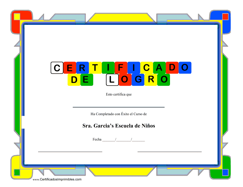 Certificado De Logro - Sra. Garcia's Escuela De Ninos (Spanish)