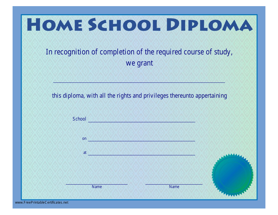 Home School Diploma Certificate Template with Blue Design