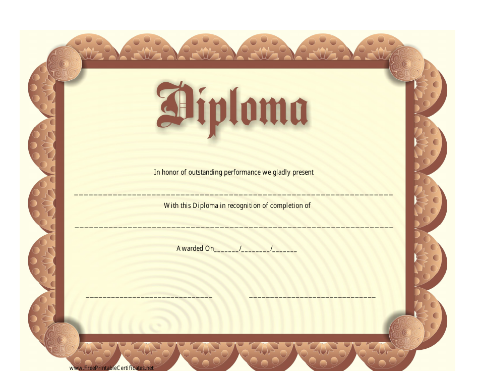 Brown Diploma Certificate Template - Professionally designed diploma certificate template in a beautiful shade of brown, perfect for recognizing and celebrating the achievements of students or employees. Customize this template with your own text and logo to create a personalized and unique diploma certificate.