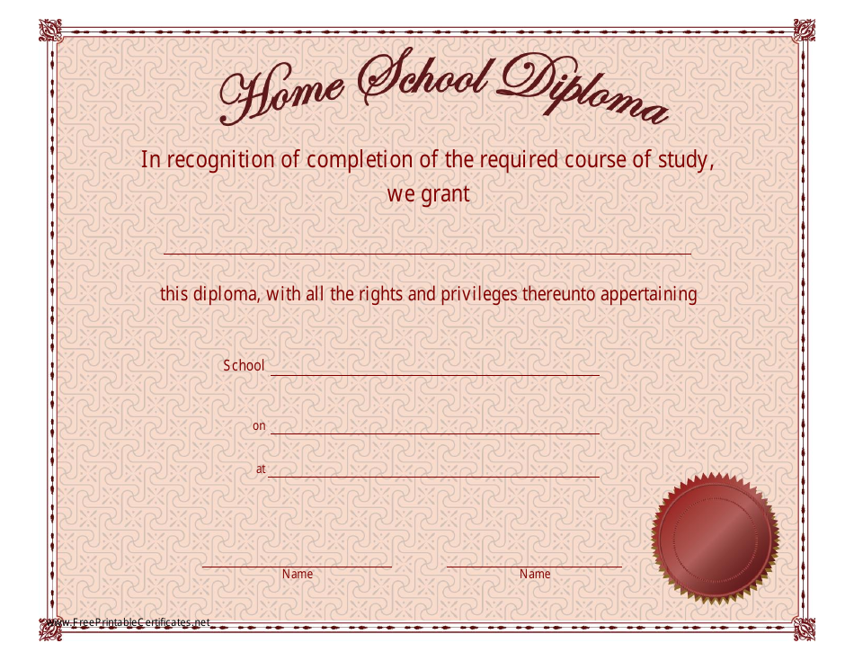 Home School Diploma Certificate Template Brown Download Printable PDF