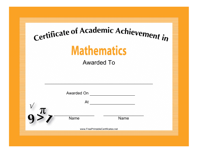 &quot;Mathematics Academic Achievement Certificate Template&quot; Download Pdf