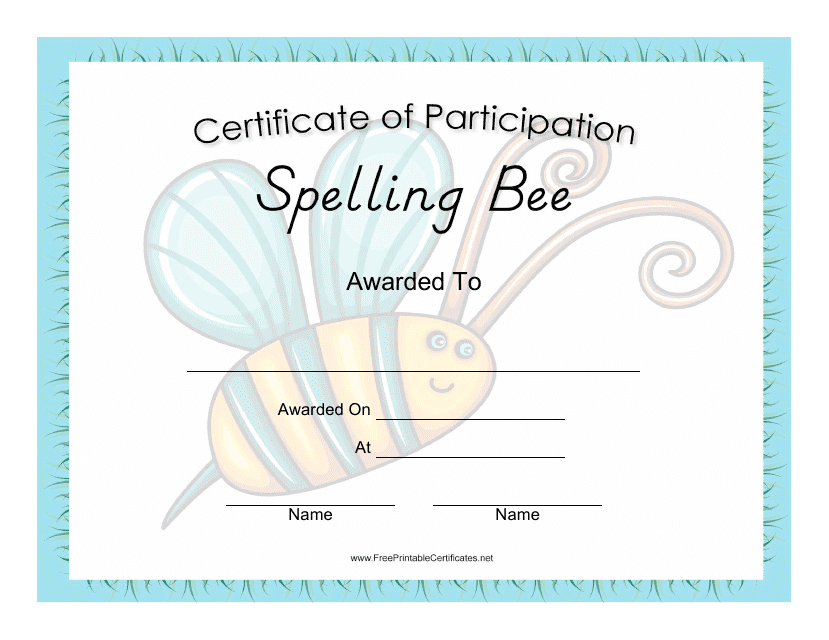 Spelling Bee Certificate of Participation Template - Blue