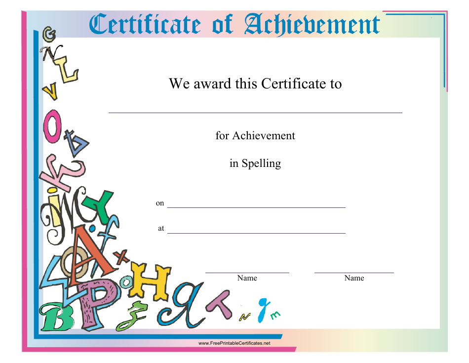 Spelling Achievement Certificate Template - Varicolored