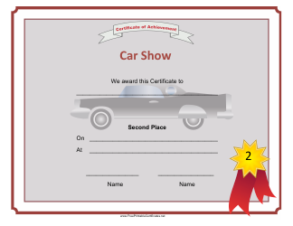 Document preview: Car Show 2nd Place Achievement Certificate Template