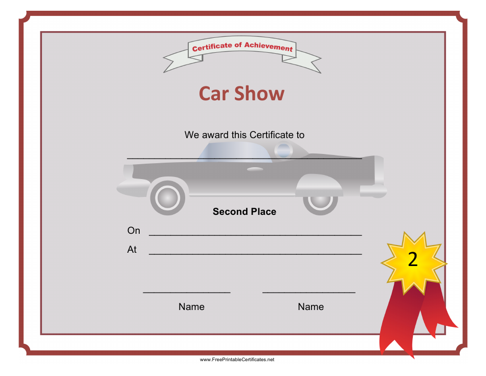 Car Show 2nd Place Achievement Certificate Template